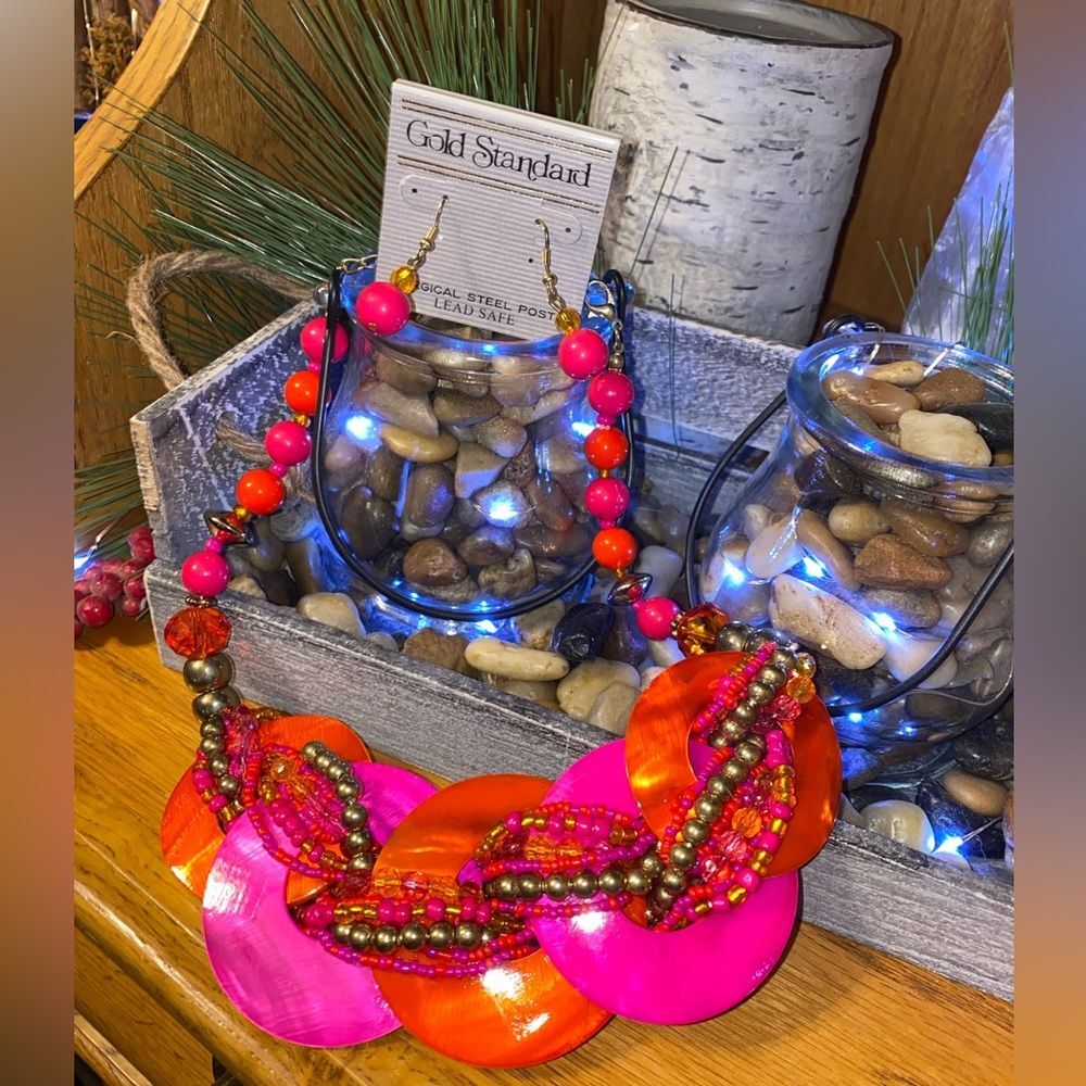 Hot Pink & Orange with gold beads Statement Necklace with matching earrings